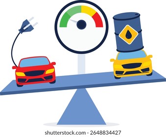 Global economic competition between electric car and fuel combustion vehicle, strategy to win in world car industry concept. Comparison electric car and patrol car on seesaw.

