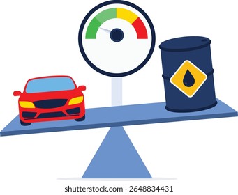 Global economic competition between electric cars and fuel combustion vehicles, strategy to win in the world car industry concept. Comparison electric car and patrol car on seesaw.

