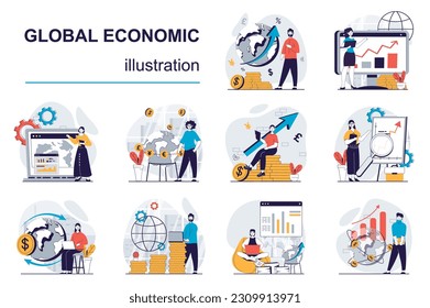 Global economic concept with character situations mega set. Bundle of scenes people analyzing worldwide market trends, making presentation, planning strategy. Vector illustrations in flat web design