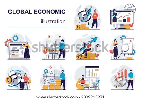 Global economic concept with character situations mega set. Bundle of scenes people analyzing worldwide market trends, making presentation, planning strategy. Vector illustrations in flat web design