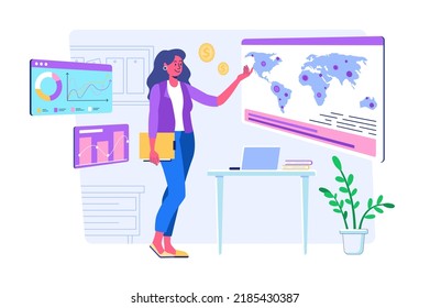 Concepto económico global con escena de la gente para la web. Las mujeres investigan las tendencias del mercado y analizan las del negocio, desarrollando empresas internacionales e invirtiendo. Ilustración vectorial en diseño de perspectiva plana