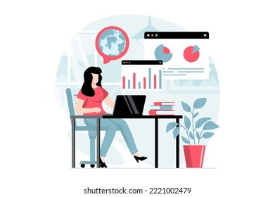 Global economic concept with people scene in flat design. Woman analyzing financial data, creates strategy, investing in business and startups. Vector illustration with character situation for web