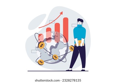 Global economic concept with people scene in flat design for web. Man analyzing data of worldwide market, creating success business. Vector illustration for social media banner, marketing material.