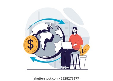 Global economic concept with people scene in flat design for web. Businesswoman investing and getting profit in worldwide exchange. Vector illustration for social media banner, marketing material.