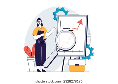 Global economic concept with people scene in flat design for web. Businesswoman researching and analyzes world financial data growth. Vector illustration for social media banner, marketing material.