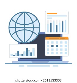 Global economic concept tracks world market data, financial events, and trends for investment decisions, forecasting, and economic planning. world economic calendar. Design illustration.