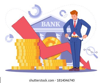 Global economic crisis. Collapse and fall of bank. Businessman turning his empty pockets. Flat vector illustration. Isolated on white background. Vector files, fully editable.