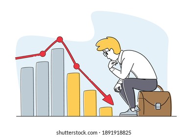 Crisis económica global, economía en mora, caída de las ventas. Empresario, mira a la carta que se va abajo. Bancarrota de personajes de inversores, pérdida de dinero, disminución de la financiación de empresas de inversión. Ilustración de vectores lineales