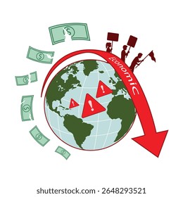 Ilustração da crise econômica global, conceito de vetor plano de emergência e queda na economia mundial, destacando lutas financeiras e incerteza.