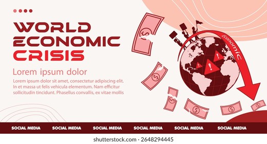 Ilustração da crise econômica global, conceito de vetor plano de emergência e queda na economia mundial, destacando lutas financeiras e incerteza.
