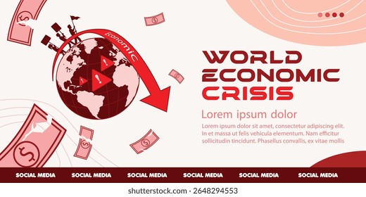 Ilustração da crise econômica global, conceito de vetor plano de emergência e queda na economia mundial, destacando lutas financeiras e incerteza.