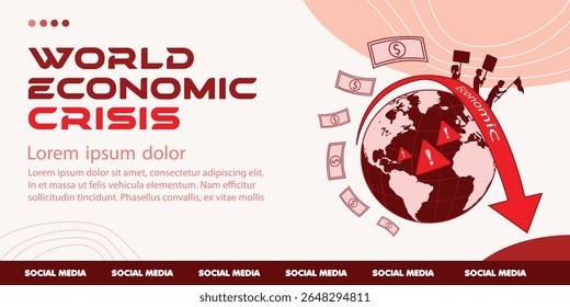 Ilustração da crise econômica global, conceito de vetor plano de emergência e queda na economia mundial, destacando lutas financeiras e incerteza.