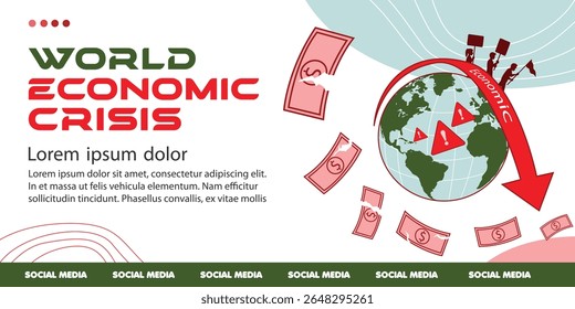 Ilustração da crise econômica global, conceito de vetor plano de emergência e queda na economia mundial, destacando lutas financeiras e incerteza.