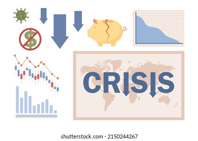 Global economic crisis. Global economic impacts Coronavirus, COVID-19 pandemic, war. Collapsed world market, panic, unemployed. International financial crisis. Vector flat illustration