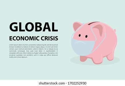 La crisis económica global como resultado de la cuarentena. Banco Piggy con una máscara médica. Ilustración vectorial conceptual.