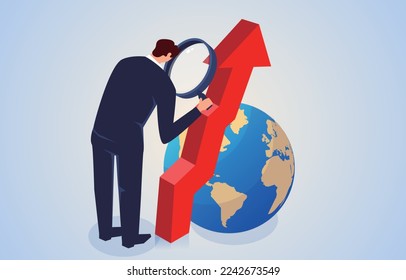 Global economic development and recovery, global business investment and marketing, isometric businessman investor holding a magnifying glass to analyze the rising arrows of the earth