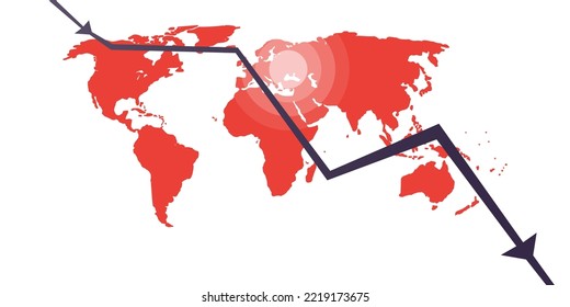 Global Economic Down Fall Due to War, Inflation and Energy Crisis - Design Concept with Chart and World Map - Illustration in Editable Vector Format