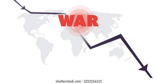 Global Economic Down Fall Due to War, Inflation and Energy Crisis - Design Concept with Grey World Map, Graph, Chart, Diagram Showing Steep Falling, Sharp Decrease of Profit or Results - Vector Design