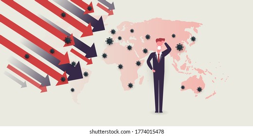 Caída económica global debido a la pandemia del virus Corona - Olas de infección, problemas financieros - Concepto de diseño con el mapa mundial y empresario rascándose la cabeza