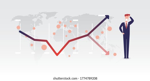 Global Economic Downfall Because of the Corona Virus Pandemic - Will There Be a Second Wave? - Effects on Global Economy, Design Concept with Chart and Businessman Scratching His Head