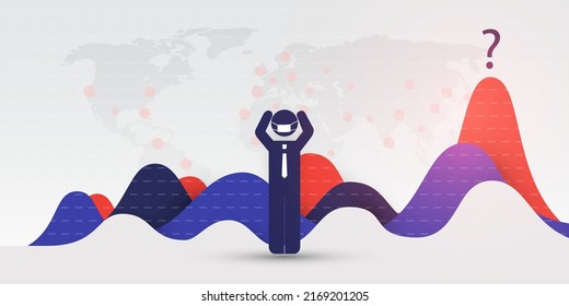 Caída económica global por la pandemia del virus Corona - ¿Cuántas olas más? - Problemas financieros, crisis económica - Diseño con Mapa Mundial, Gráficos y Empresarios