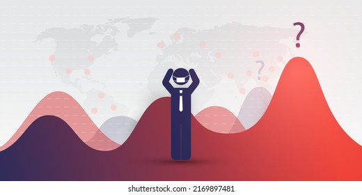 Caída económica global por la pandemia del virus Corona - ¿Cuántas olas más? - Problemas financieros, crisis económica - Diseño con Mapa Mundial, Gráficos y Empresarios
