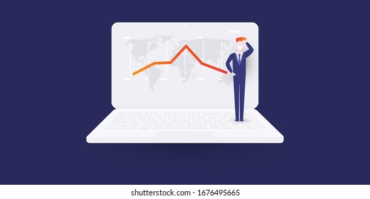 Global Economic Downfall Caused By the Coronavirus - Design Concept with Chart on a Computer Screen with Uncertain Businessman Scratching His Head Thinking About the Best Ways Going Forward