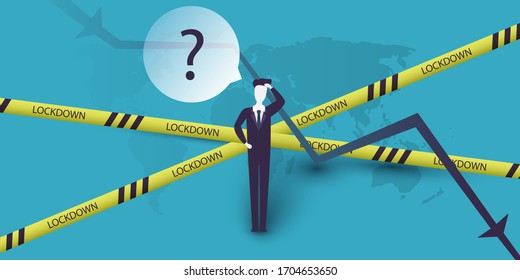Global Economic Downfall Caused By the Corona Virus Pandemic - Design Concept with Chart, Cordon Tape and Confused Businessman Holding His Head
