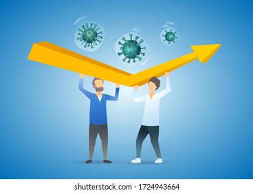 Global economic downfall. Coronavirus economic impact. Two Businessmen try to stopping falling diagram. Vector flat illustration concept on blue background.