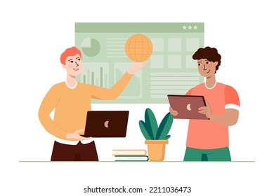 Global economic green concept with people scene in the flat cartoon style. On of the economists explains aspects of the world economy. Vector illustration.