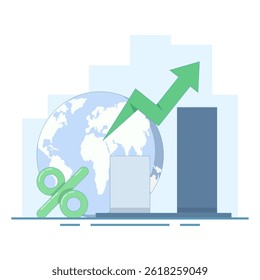 Global Economic Growth Concept. Earth and Coin Growth Chart. Economic growth chart increasing. Arrow chart and business growth chart. Flat Design Illustration in the background.