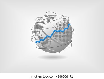 Global Economic Growth Concept As Vector Illustration. Bullish Prospering World Economy Represented By Globe And World Map With Flat Design. 