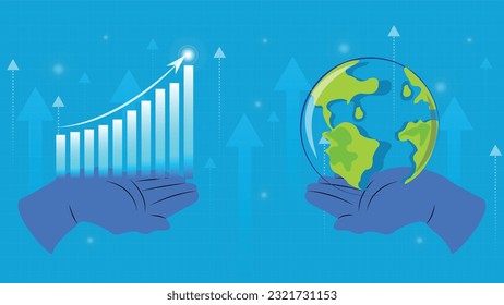 Ilustración del crecimiento económico global con flecha en aumento y gráfico en crecimiento