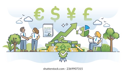 Global economic growth with money stock market development outline concept. Investment management for earnings profit in dollars or euro currency vector illustration. Increase banking assets trade.