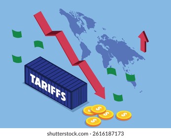 Global Economic Impact of Tariffs – Isometric Illustration with Downward Trend and World Map