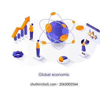 Global economic isometric web concept. People study financial statistics, world markets, dollar currency charts. Marketing and investment scene. Vector illustration for website template in 3d design