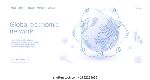 Global economic network in isometric vector illustration. World economy or global financial map concept. International business. Web banner layout template.