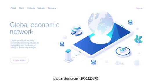 Global economic network in isometric vector illustration. World economy or global financial map concept. International business. Web banner layout template.