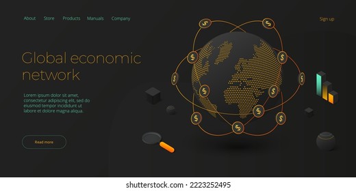 Global economic network in isometric vector illustration. World economy or global financial map concept. International business. Web banner layout template