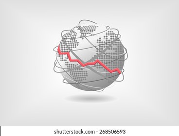 Global economic recession concept as vector illustration. Declining world economy represented by globe and world map with flat design. 