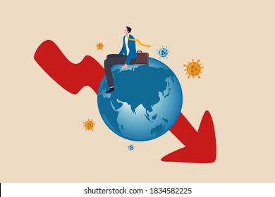 Global economic recession, COVID-19 Coronavirus pandemic causing world great depression concept, depressed poor businessman sitting on sickness globe with red arrow down chart with virus pathogen.