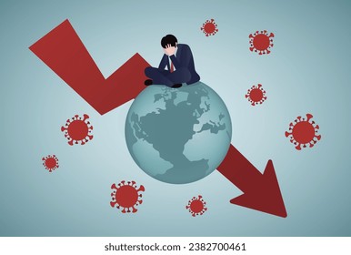 Global economic recession, COVID-19 Coronavirus pandemic causing world great depression concept, depressed poor businessman sitting on sickness globe with red arrow down chart with virus pathogen.