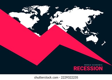 La recesión económica global con caída en la gráfica y el mapa mundial. La recesión por crisis de las finanzas de negocios es un signo de diseño de antecedentes.