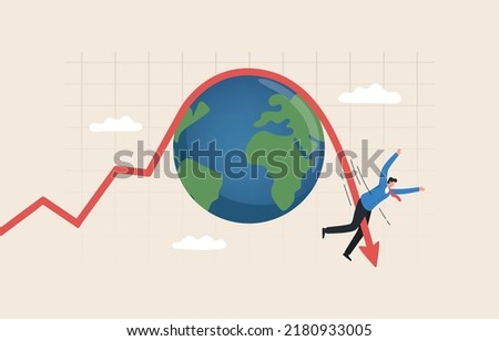 Global economic recession or stagnation. Stagflation Risk Rises Amid Sharp Slowdown in Growth. Stock market or asset slump. Businessman riding fall down economic graph.