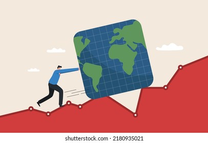 Global economic slowdown. Global GDP growth declining or sluggish. Businessman pushing a slow moving square world through the economic graph.