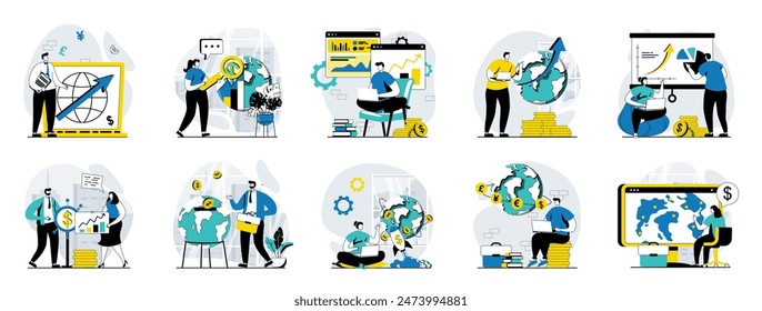 Global economic web concept with people scenes mega set in flat design. Bundle of character situations with developing international business, researching worldwide market trend. Vector illustrations.