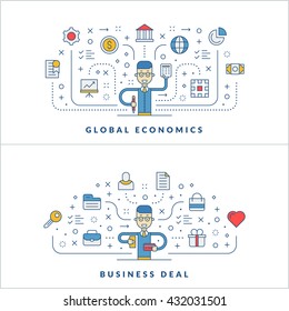 Global economics. Business deal. Flat line icons and businessman cartoon character. Business concept. Vector thin line illustration for website banner template or header