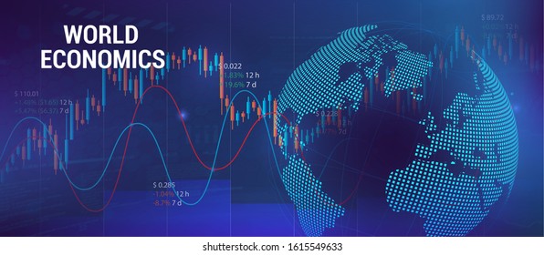 Global economics concept with charts and 3D Earth Globe. Futuristic trading banner. Forex and analog. Financial investment and economic trends. Trade Platform. Vector illustration