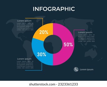 Global economics development analytics circle infographic design template for dark theme. Business performance. Editable pie chart with percentages. Visual data presentation. Montserrat font used