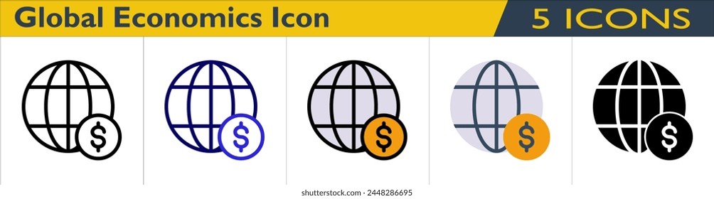 Global Economics icon with 5 styles (outline, color outline, color lineal, color and solid)
